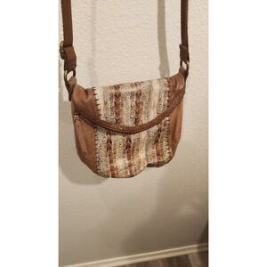 The Sak Deena Flap Foldover Brown Leather Crossbody Bag with Studs Feather Print